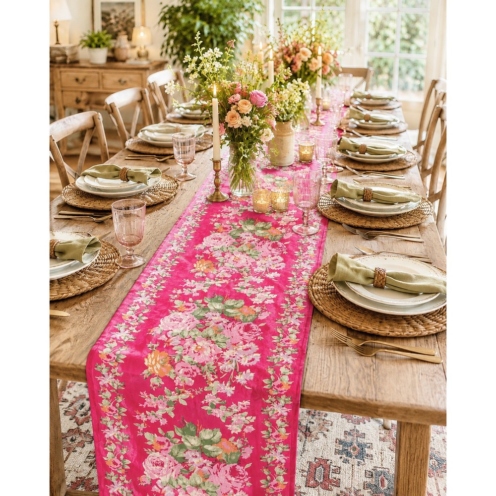 April Cornell Cottage Rose Table Runner Cotton Pink Multi 18x108" Spring Summer